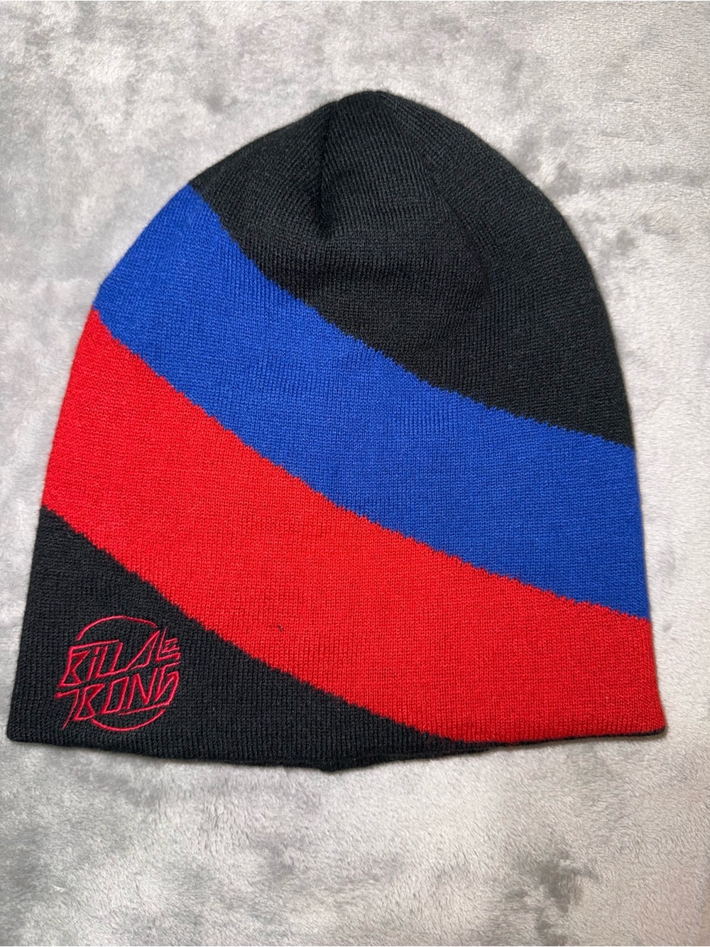 Billabong Kids Black Beanie with Red & Blue Diagonal Stripes